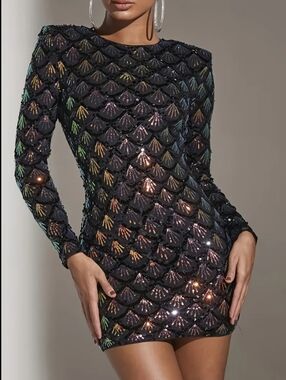 Sequined Crew Neck Dress, Elegant Long Sleeve Bodycon Dress for Party & Banquet